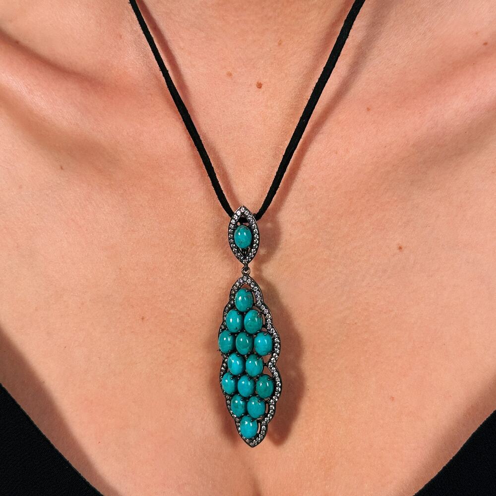 Turquoise Cluster Pendant Necklace, Marquise Stone Drop on Black Cord